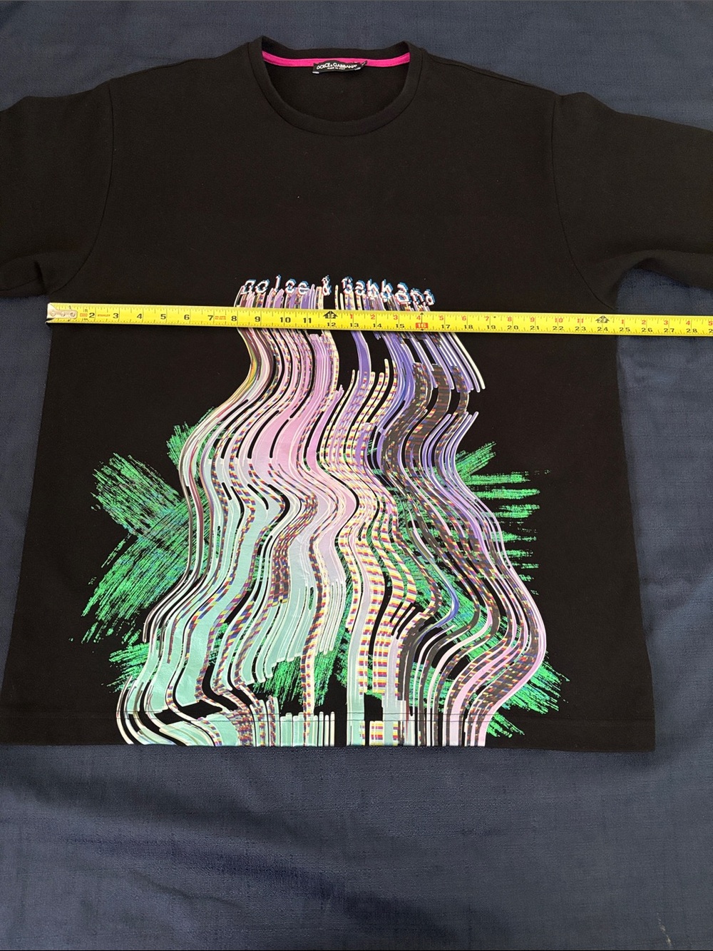 Dolce & Gabbana Black Tee with Iridescent Purple & Green Wave Graphic - Picture 4 of 7